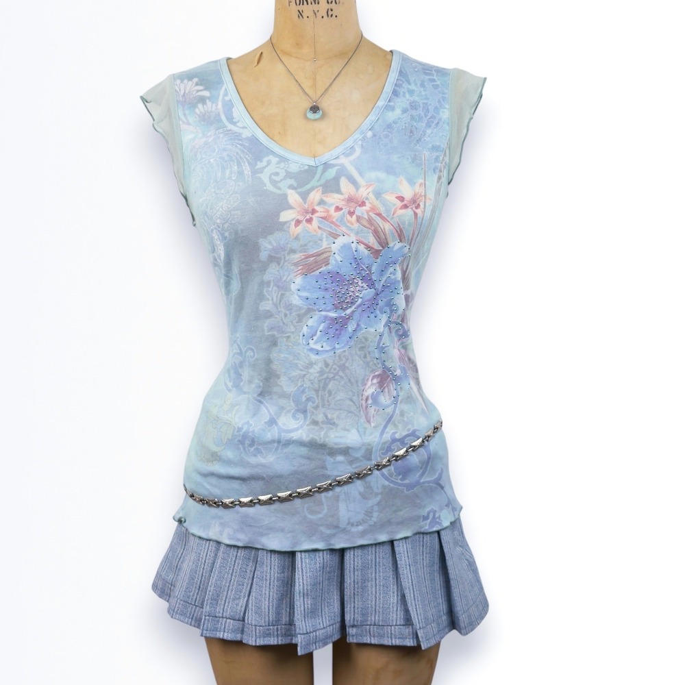 2000s Women L Fairy Top Mesh Cap Sleeve Rhinestone Floral Dreamy Print Fairy Y2K